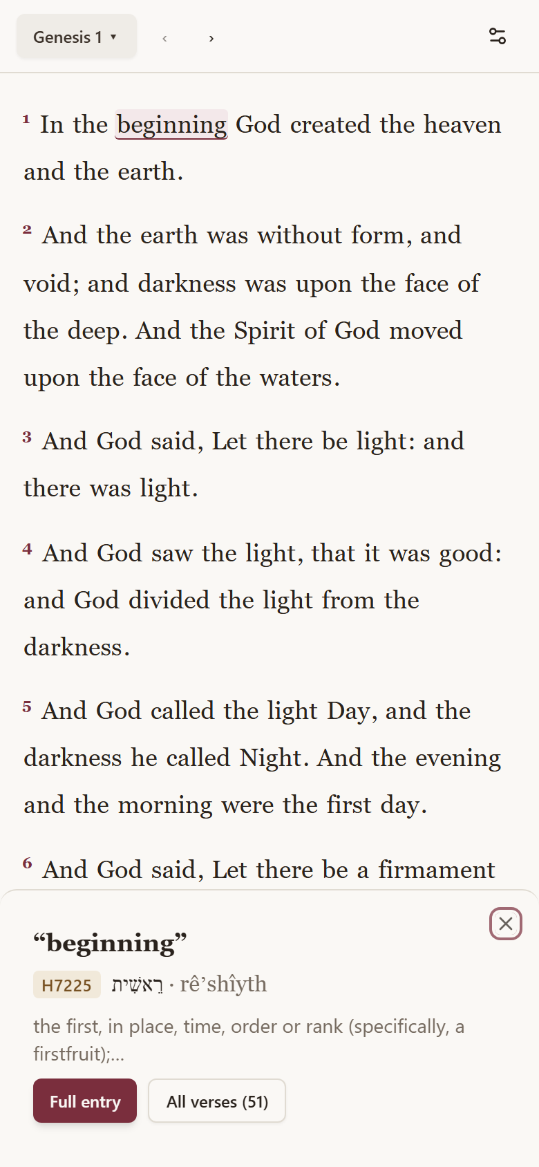 The app showing Genesis 1 with the word 'beginning' tapped, revealing its Hebrew root re'shith (H7225) and its meaning